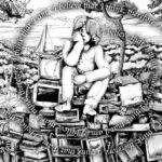 child sitting on a pile of computers daydreaming the phrase, "I believe that I think therefor I think that I am"