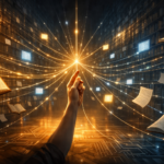 A human hand reaches upward in a vast, darkened library, touching a radiant point where dozens of glowing threads converge and radiate outward toward floating books, handwritten pages, and luminous screens. Circuit patterns glow across a reflective parquet floor below.